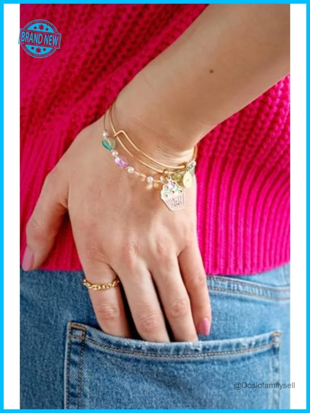 Expandable Beaded Bangle Bracelet with Heart Charms